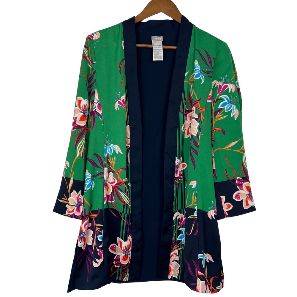 Chico's Green & Navy Blue Colorblock Floral Kimono Jacket Long Sleeve Medium - Picture 5 of 7